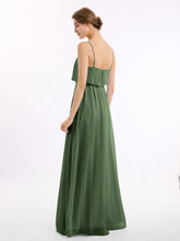 Chiffon Gown with Spaghetti Straps and Cascade Skirt Olive Green