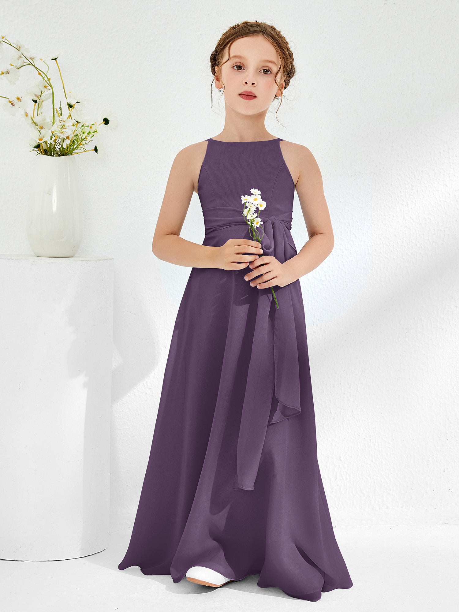 Bateau Neckline Floor-length Junior Bridesmaid Dresses Plum