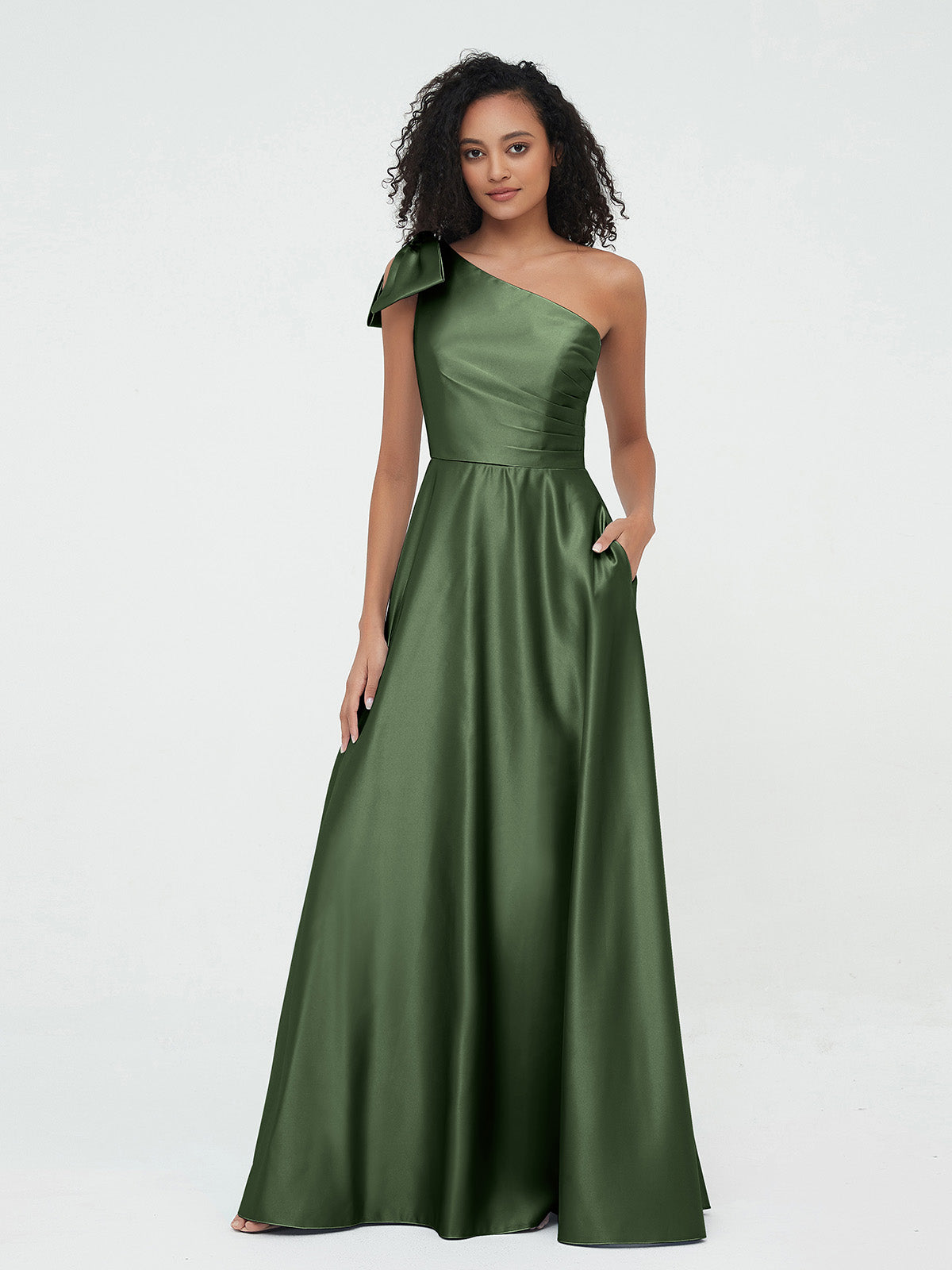 BABARONI Satin Olive Green Bridesmaid Dresses A-line One Shoulder Floor-length Sleeveless BABARONI UK BABARONI Satin Olive Green Bridesmaid Dresses A-line One Shoulder Floor-length Sleeveless BABARONI UK
