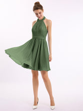 Knee-length Short Chiffon Dress with Halter Neck Olive Green