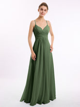 V-neck Long Chiffon Gown with Spaghetti Straps Olive Green