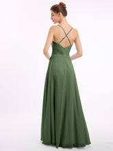 V-neck Long Chiffon Gown with Spaghetti Straps Olive Green