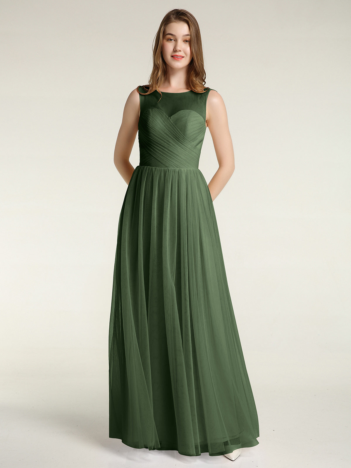 BABARONI Tulle Olive Green Bridesmaid Dresses A-line Illusion Floor-length  Sleeveless – BABARONI UK