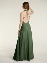 Halter V-neck Chiffon Dress with Open Back Olive Green