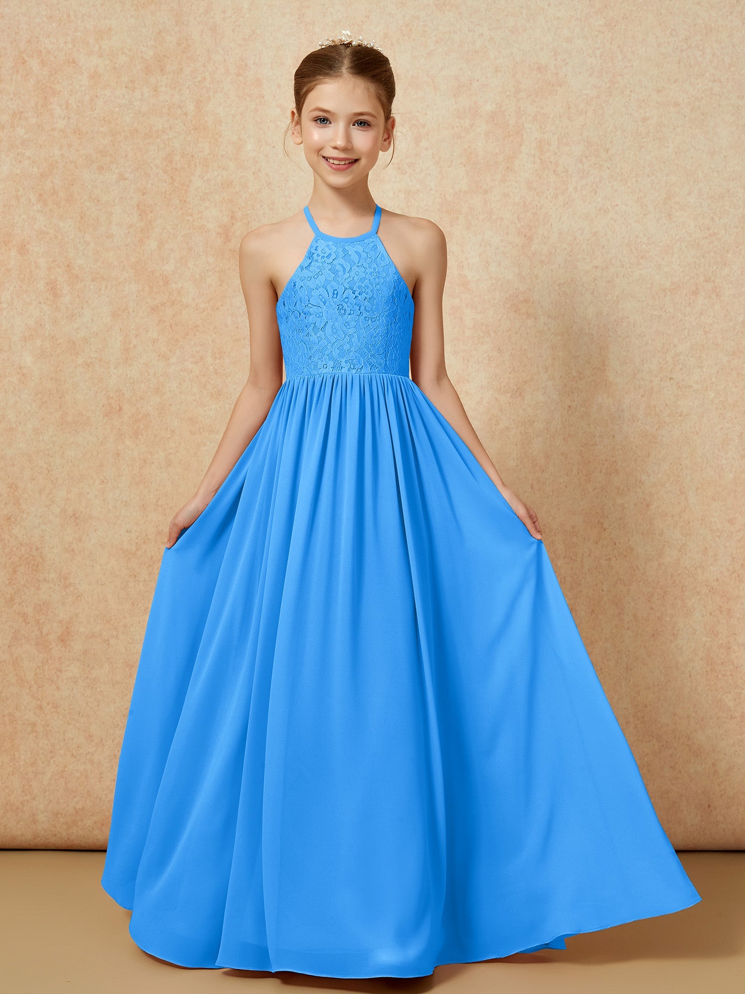 Flowy Chiffon A-Line Long Junior Bridesmaid Dresses Coral