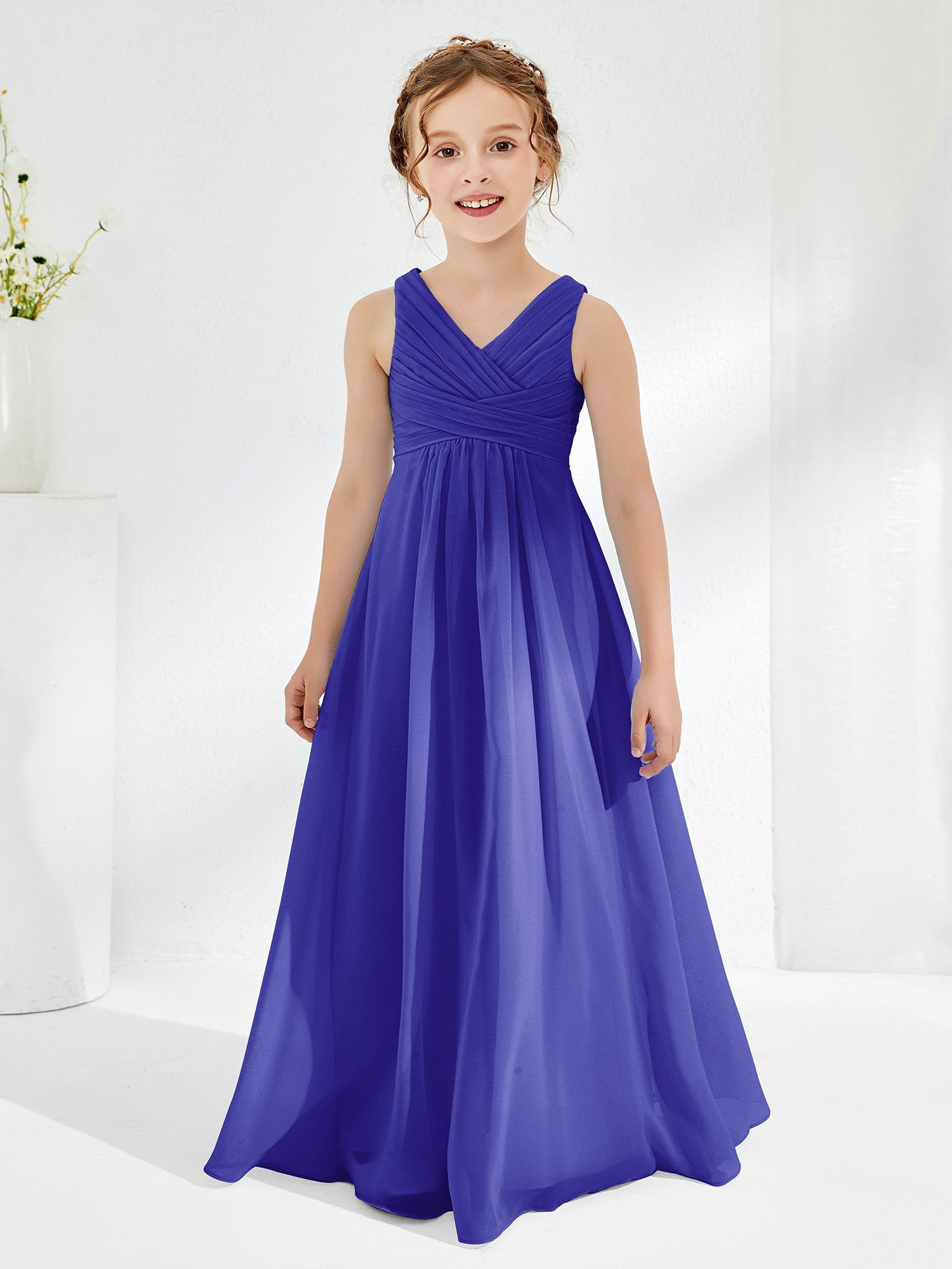 BABARONI Chiffon Royal Blue Junior Bridesmaid Dresses A-line V-neck