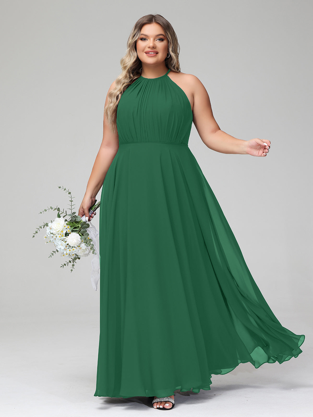 BABARONI Chiffon Dark Green Bridesmaid Dresses A-line Halter Sleeveless  Floor-length – BABARONI UK