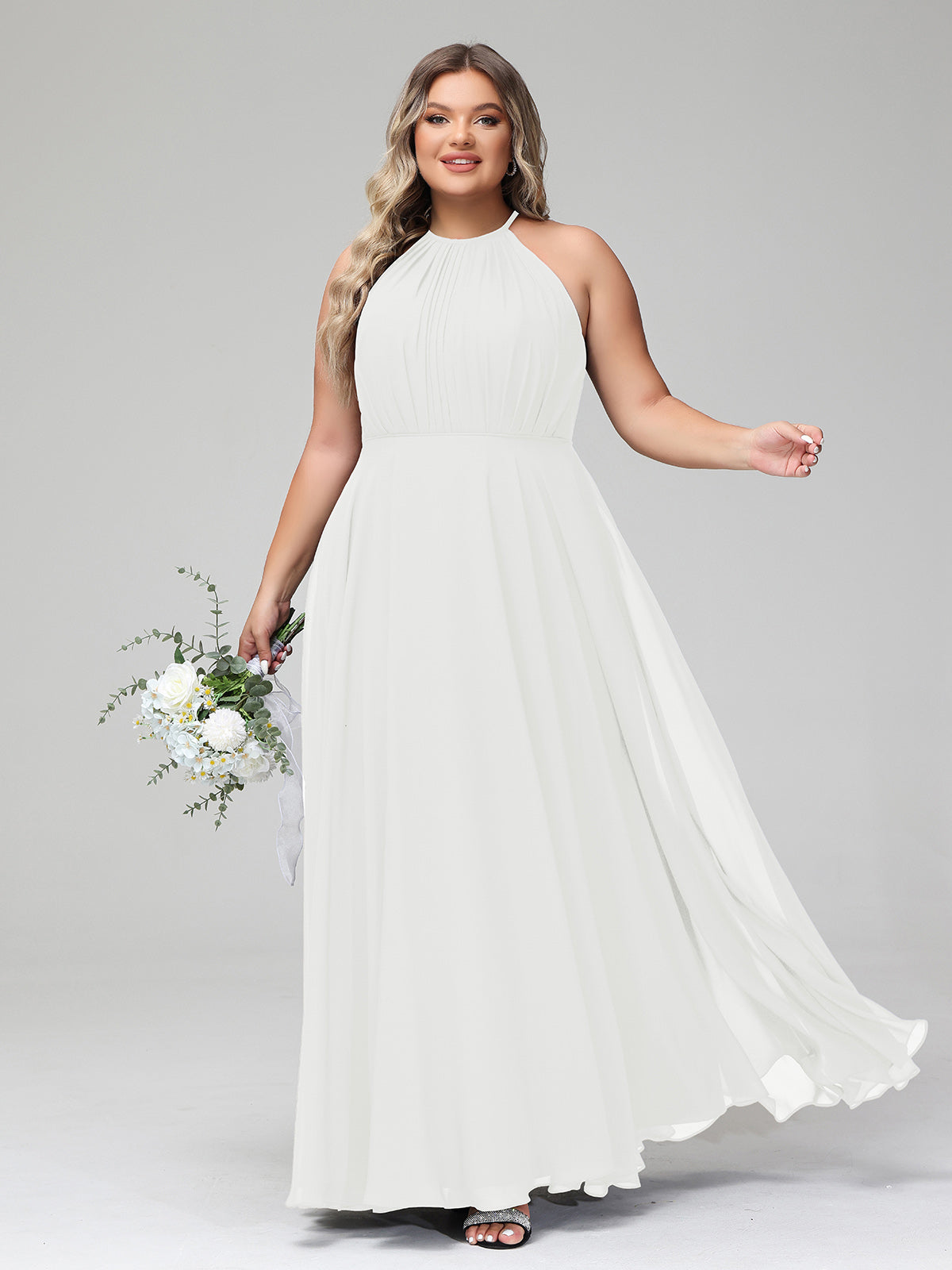 Halter Chiffon Maxi Dress with Circle Skirt Ivory Plus Size BABARONI BABARONI UK