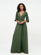 V-neck Chiffon Dresses with Half Sleeves Olive Green
