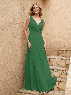 Long V Neck Chiffon Bridesmaid Dress Emerald
