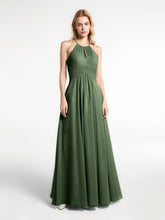 Keyhole Halter Neck Chiffon Dress with Pockets Olive Green
