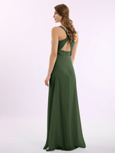 Long Chiffon Dress with V Neck X Cross Open Back Olive Green