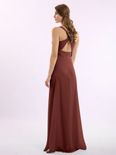 Long Chiffon Dress with V Neck X Cross Open Back Terracotta
