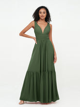 A-line V-neck Chiffon Tiered Skirt Dresses Olive Green