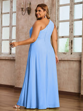 One Shoulder Long Chiffon Dresses with Slit Blue