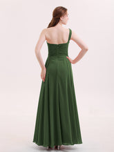 One Shoulder Chiffon Gown with Pleated Top Olive Green