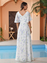 Lavender Floral Flutter Sleeves Long Chiffon Dresses with Sash Bow