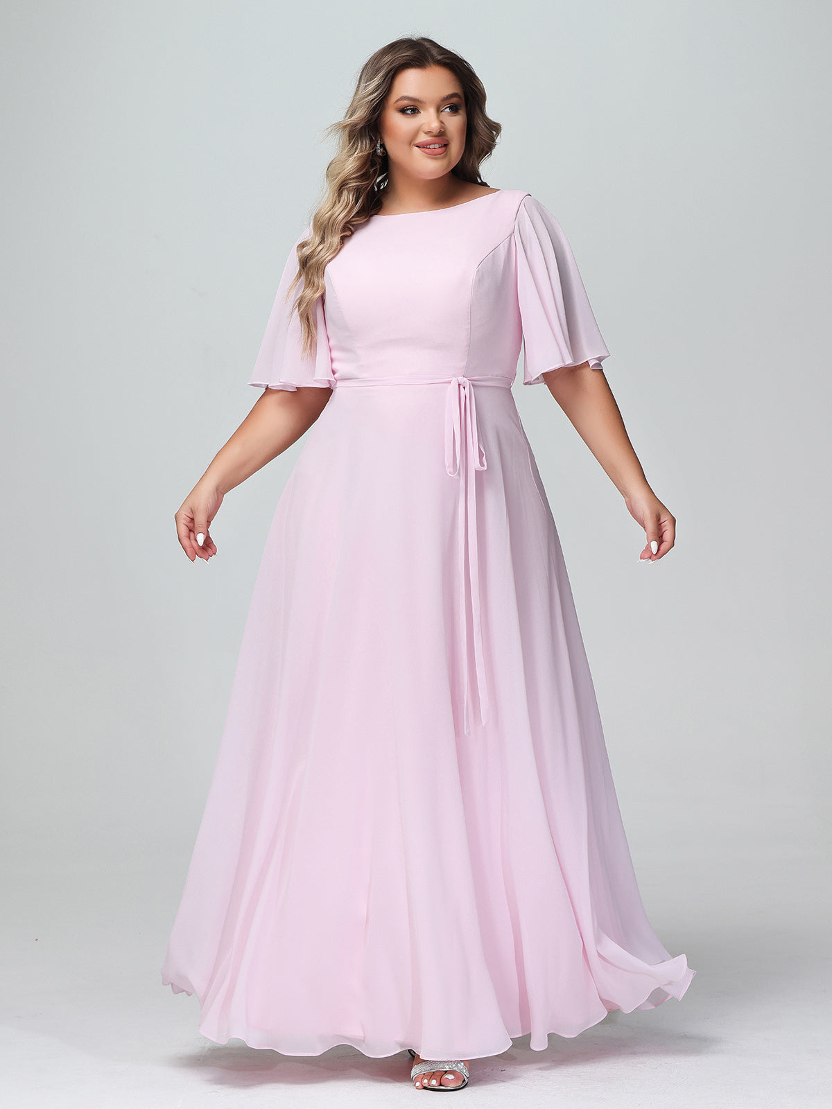 Flutter Sleeves Long Chiffon Dresses with Sash Bow Blushing Pink Plus Size Blushing Pink UK22