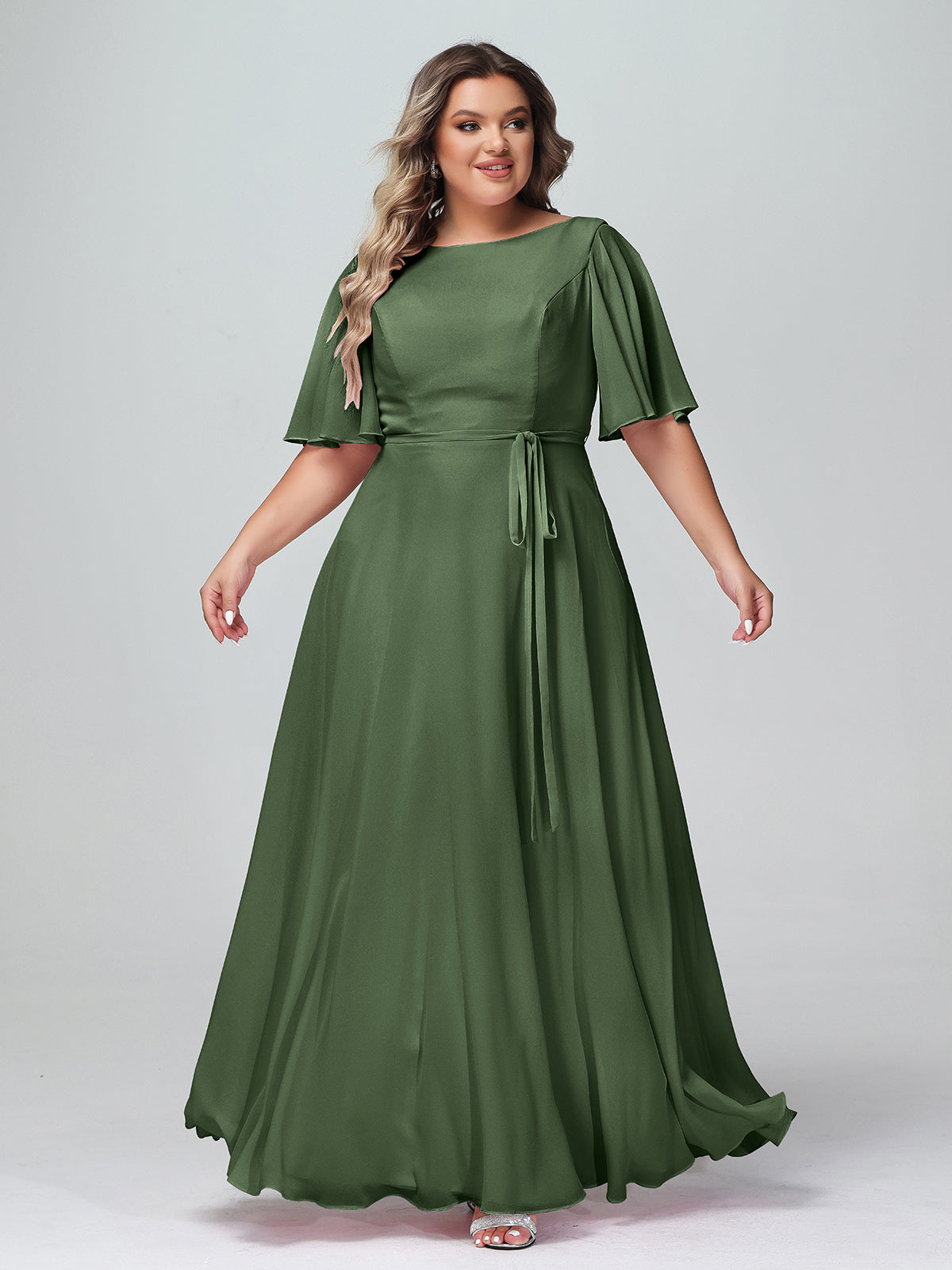 Flutter Sleeves Long Chiffon Dresses with Sash Bow Olive Green Plus Size Olive Green UK22