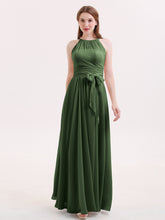 Chiffon Long Bridesmaid Gowns with Bow Sash Olive Green