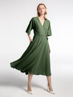 V-neck Half Sleeves T-Length Chiffon Dress Olive Green