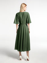 V-neck Half Sleeves T-Length Chiffon Dress Olive Green