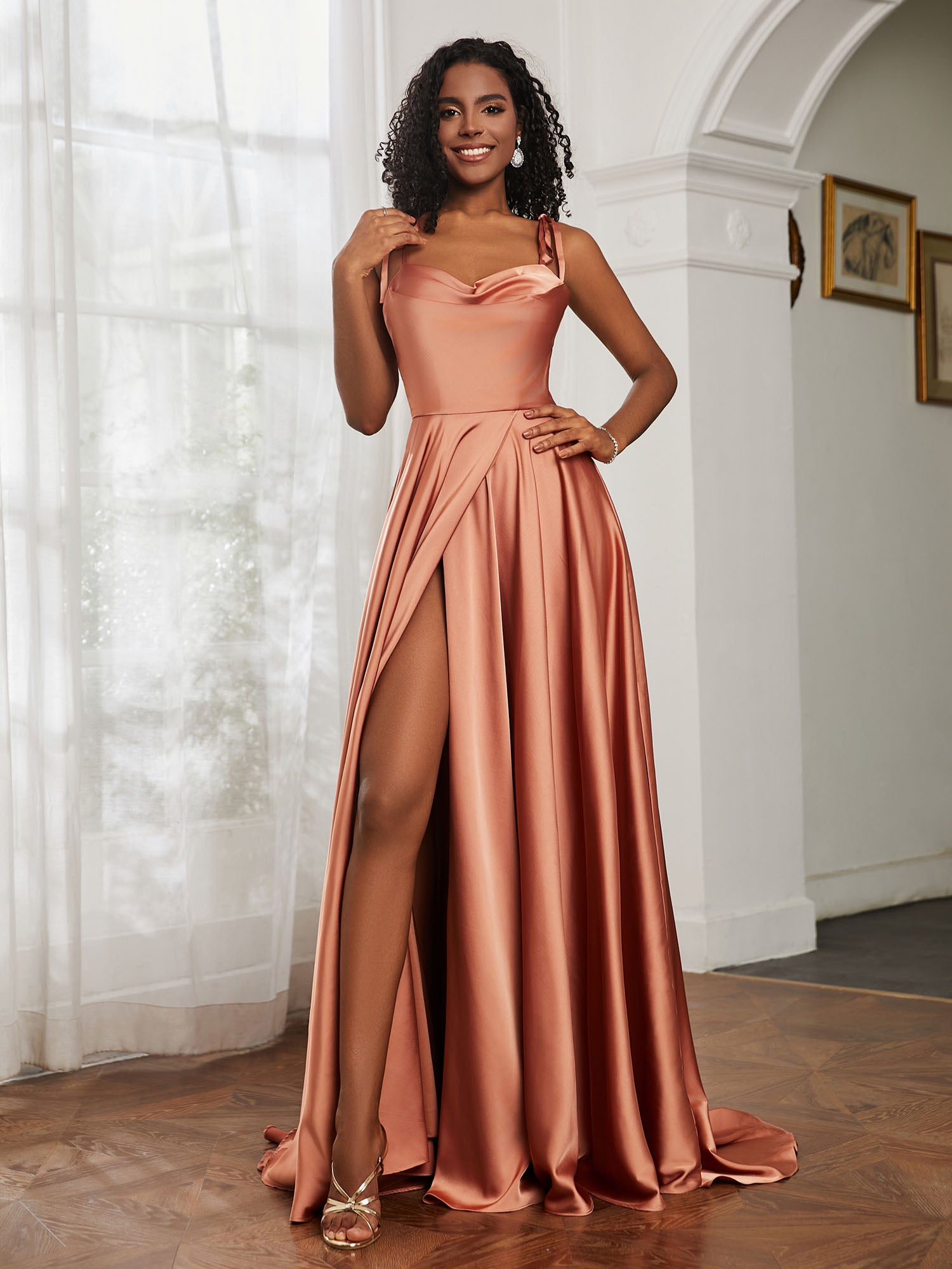BABARONI Acetate Satin Rust Bridesmaid Dresses A-line Cowl Neck Spaghetti Straps With Slit BABARONI UK BABARONI Acetate Satin Rust Bridesmaid Dresses A-line Cowl Neck Spaghetti Straps With Slit BABARONI UK