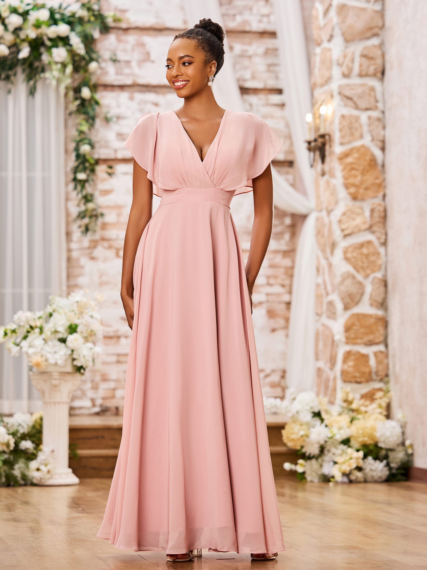 pink chiffon bridesmaid dresses uk Lotus Leaf Sleeveless V-Neck Chiffon Bridesmaid Dress In Pink
