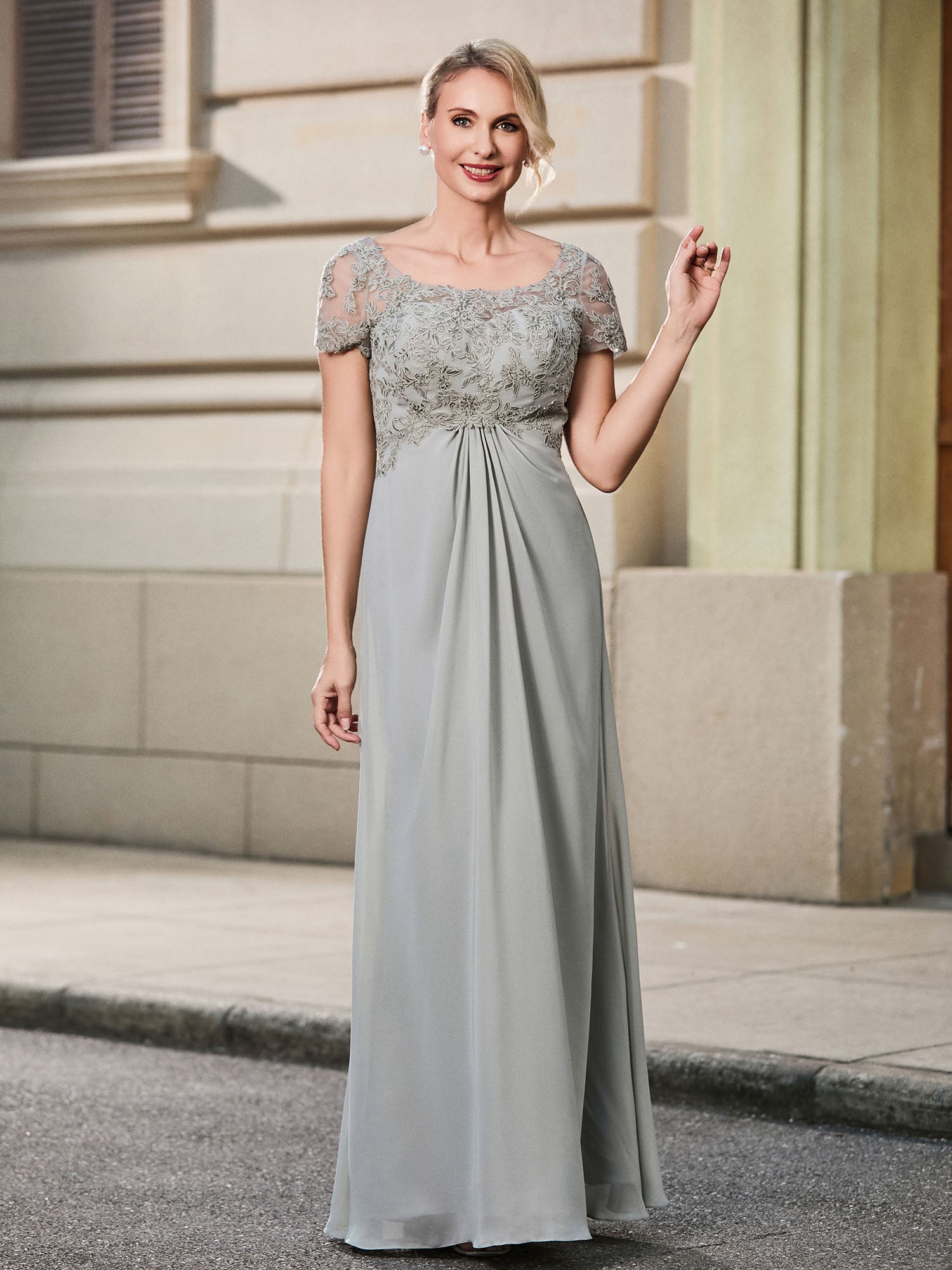 BABARONI Chiffon Lace Silver Mother of the Bride Dresses Empire Scoop Floor-length Short BABARONI UK BABARONI Chiffon Lace Silver Mother of the Bride Dresses Empire Scoop Floor-length Short BABARONI UK