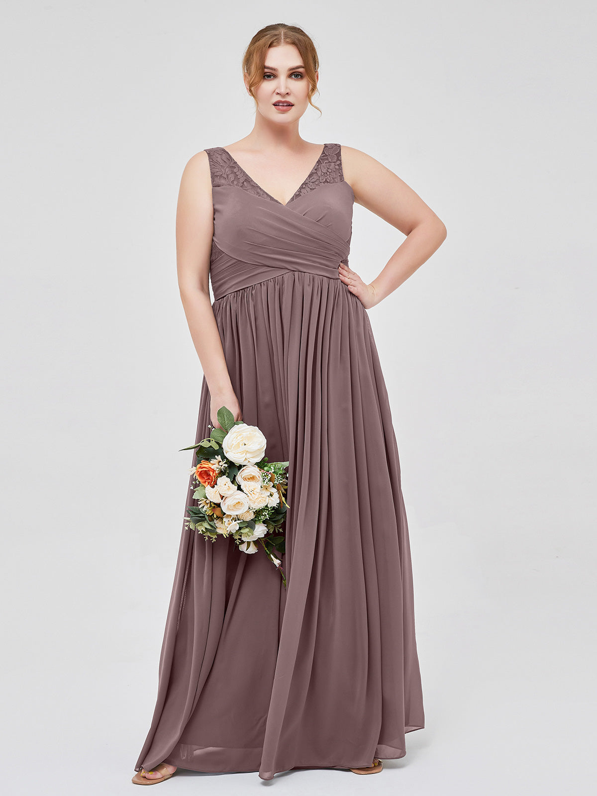 V neck Chiffon Dresses with Lace Strap Vintage Mauve Plus Size Vintage Mauve UK22
