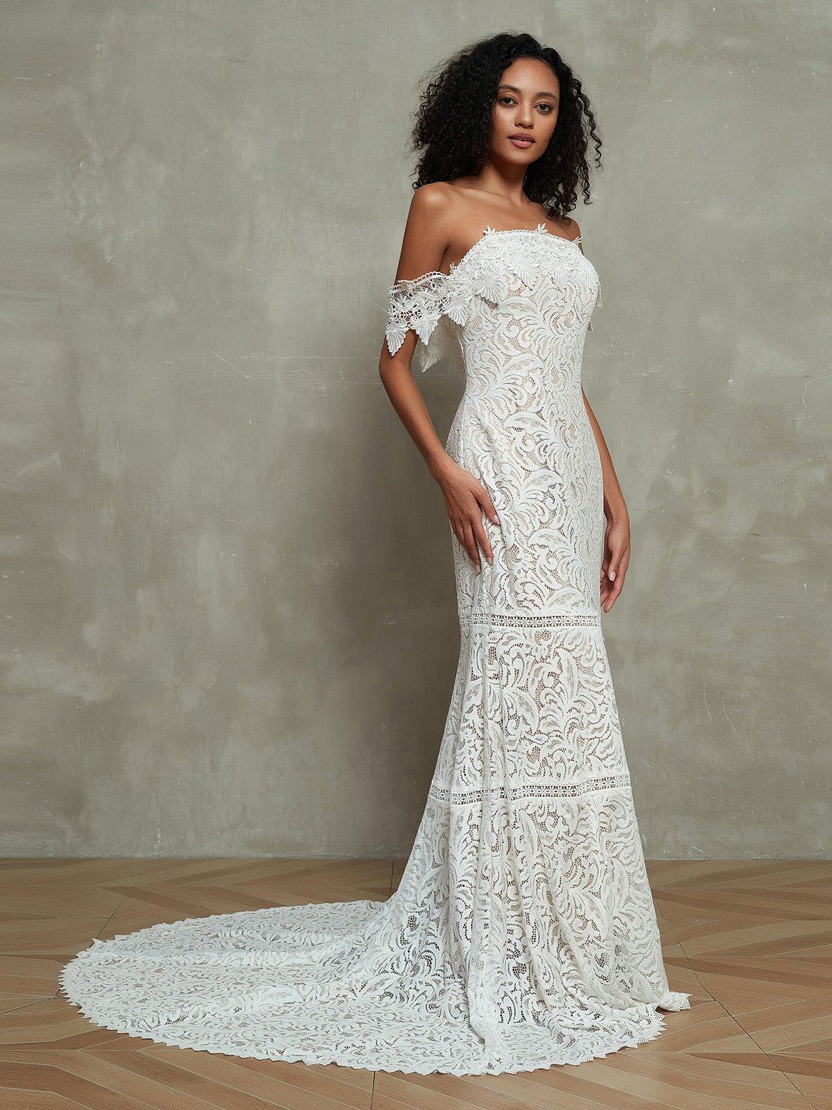 Off-the-Shoulder Lace Boho Wedding Dresses Ivory - Ivory / UK4