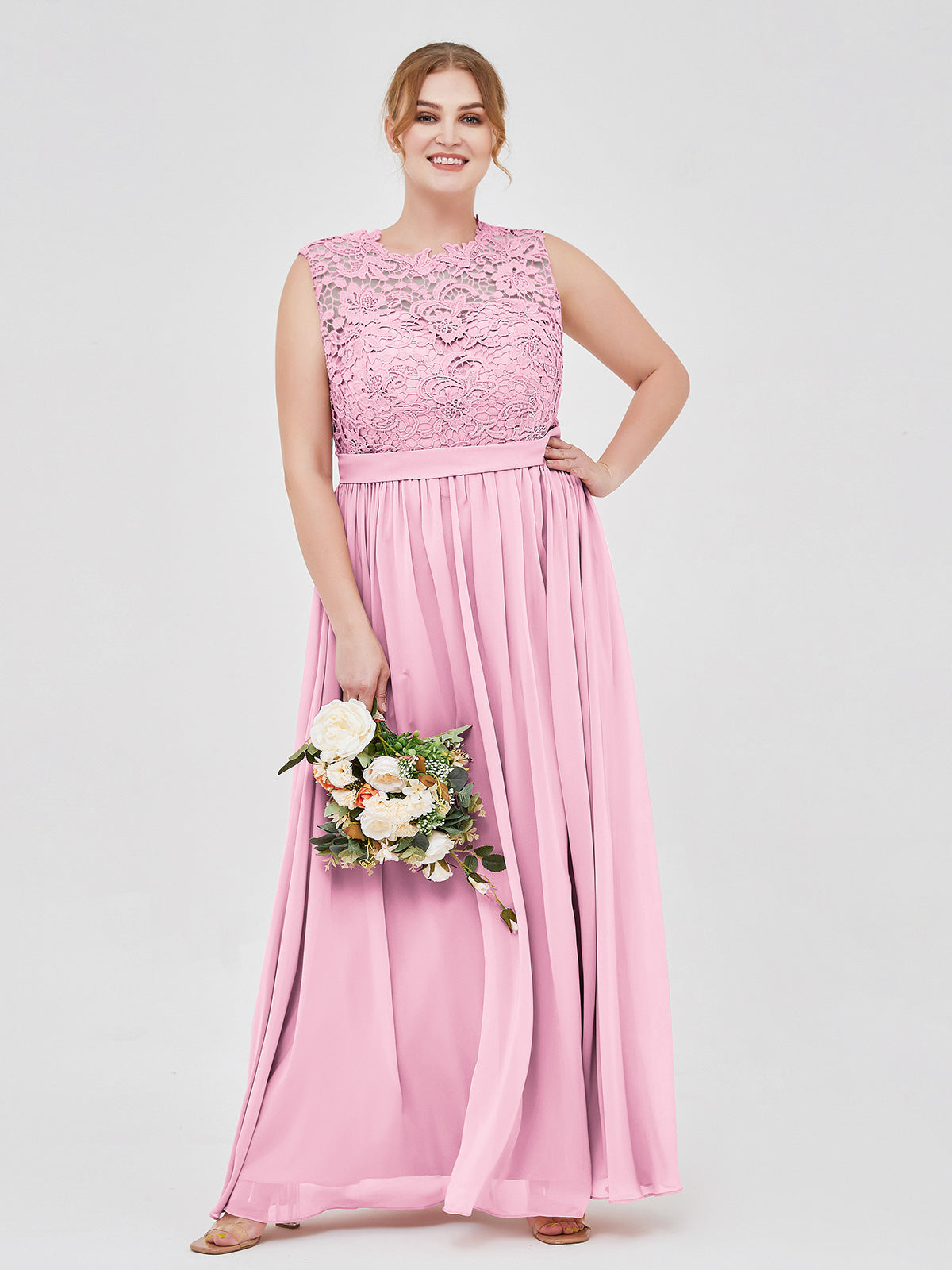 Sleeveless Halter Chiffon Lace Top Long Dresses Candy Pink