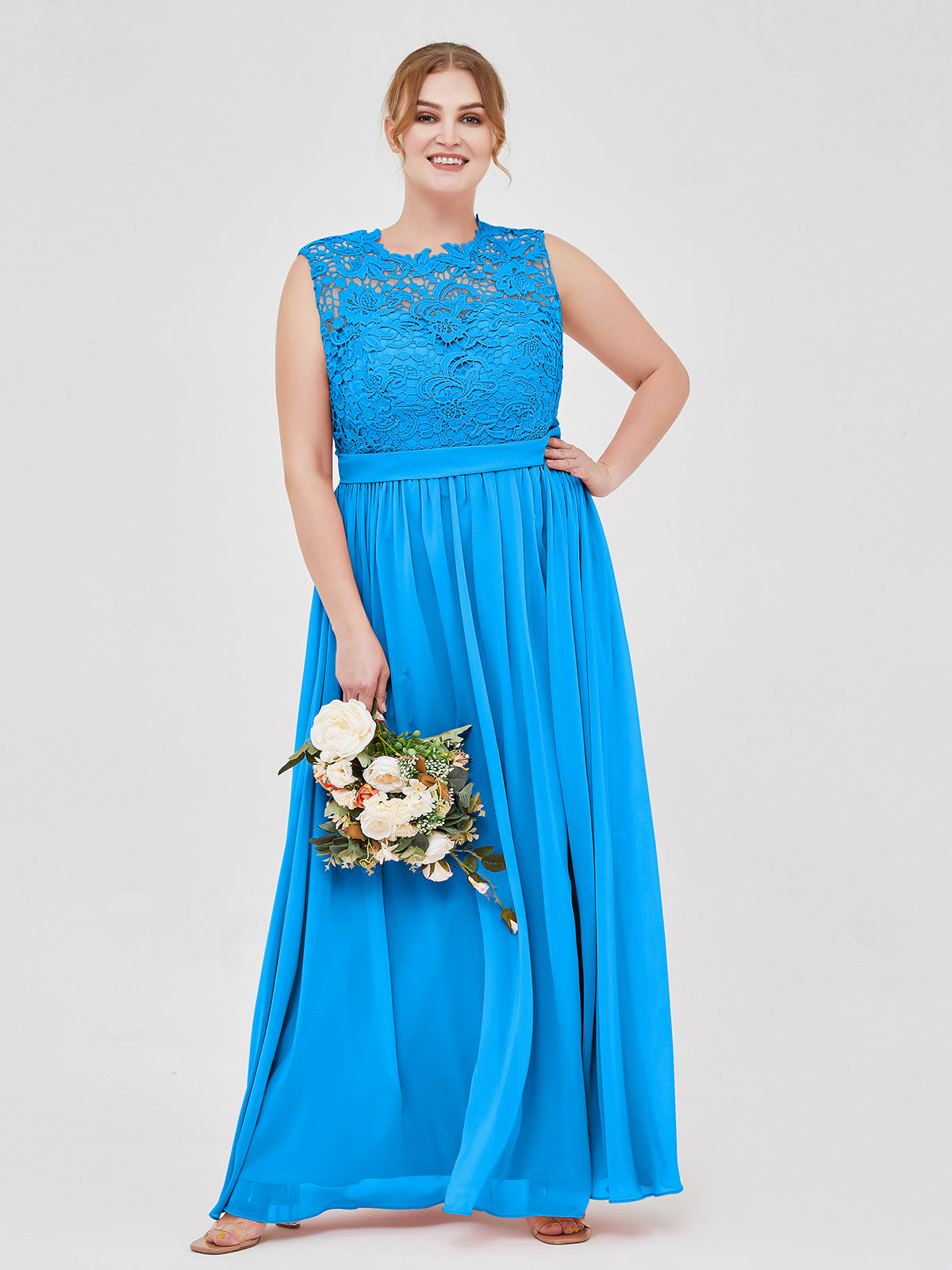 Chiffon and Lace Appliqued Long Dresses Ocean Blue Plus Size