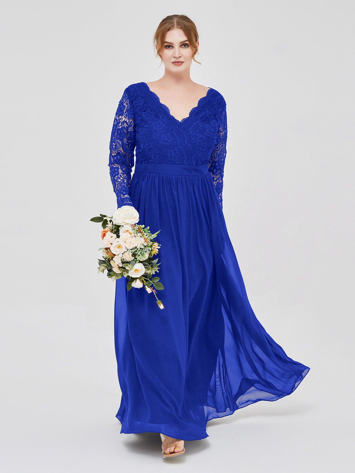 BABARONI Lace Royal Blue Bridesmaid Dresses A-line V-neck Long Sleeve Floor-length BABARONI UK BABARONI Lace Royal Blue Bridesmaid Dresses A-line V-neck Long Sleeve Floor-length BABARONI UK