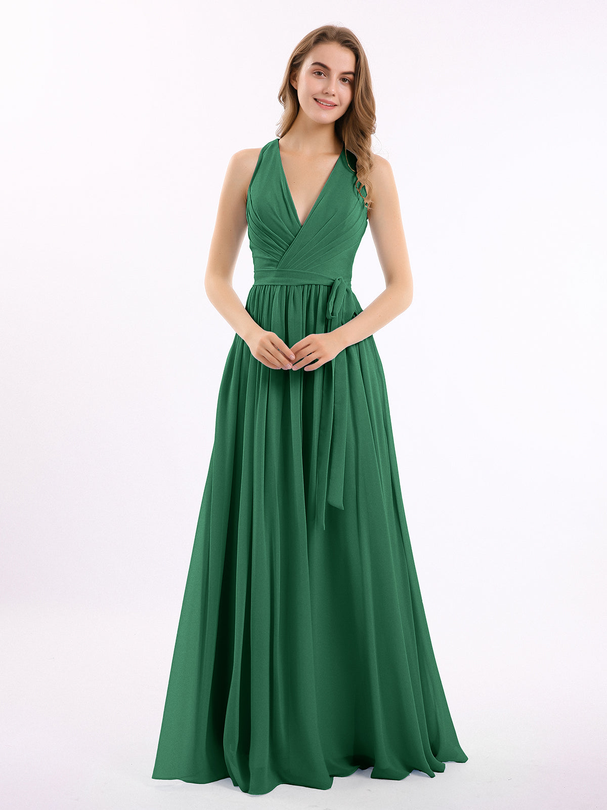 Lace and Chiffon v-NECK Dress with Slit Dark Green