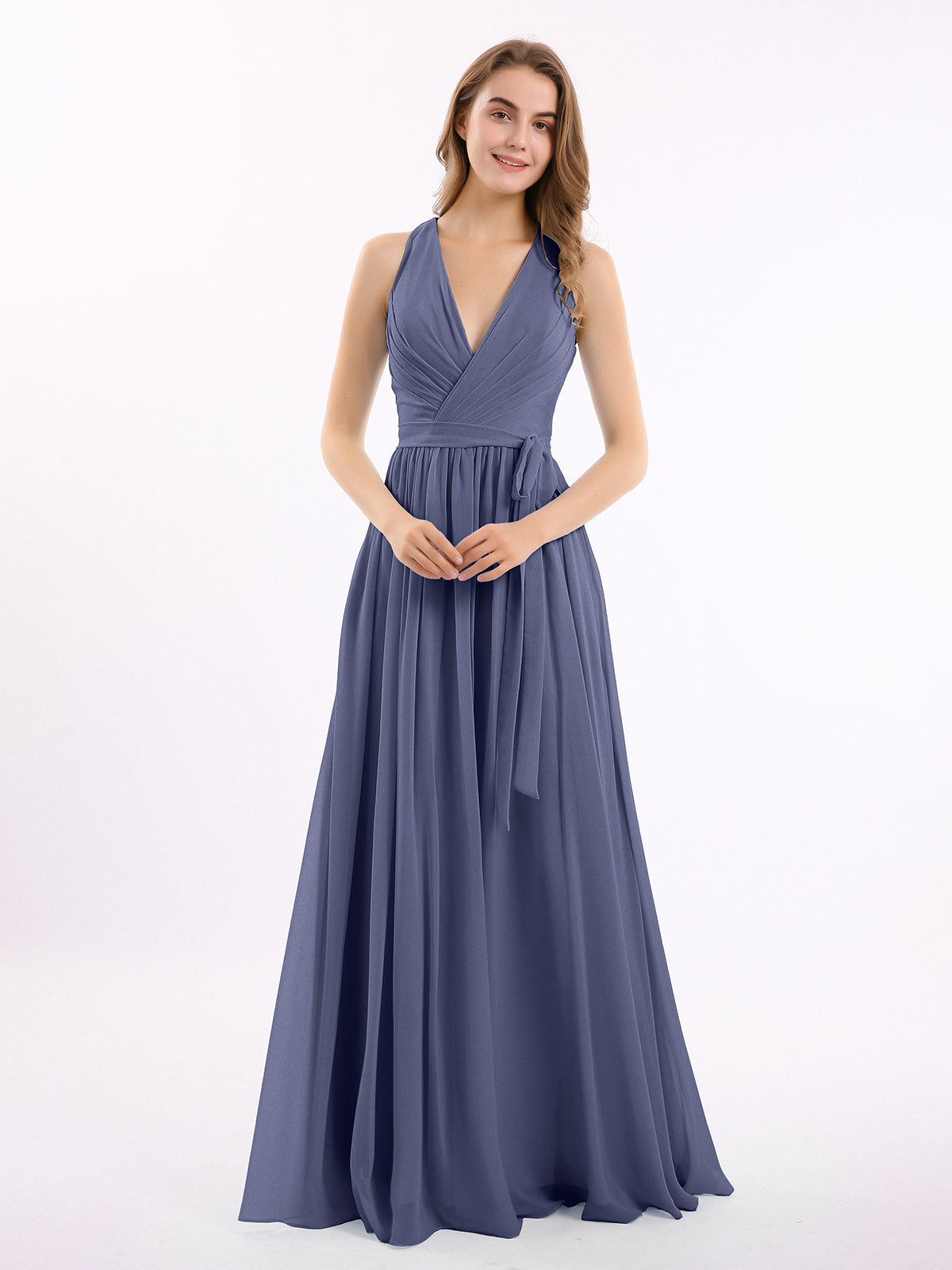 Classic Chiffon Dress with Deep V Neck Dark Navy