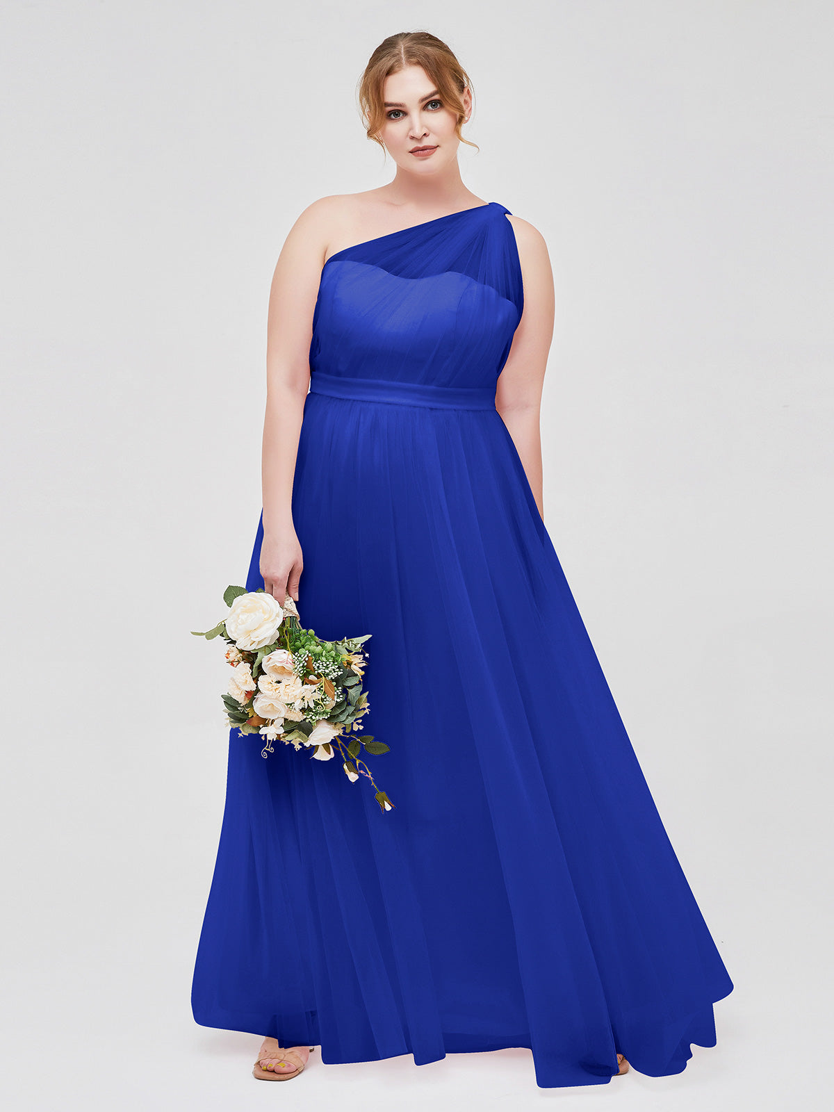 One Shoulder Tulle Long Bridesmaid Dresses Royal Blue Plus Size