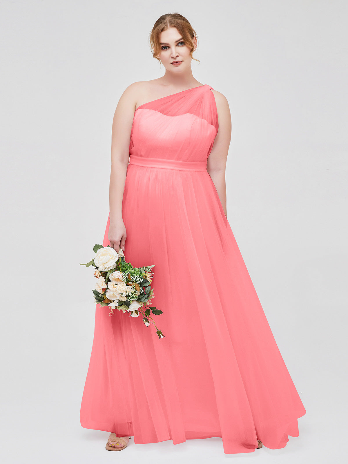 One Shoulder Tulle Long Bridesmaid Dresses Watermelon Plus Size BABARONI BABARONI UK