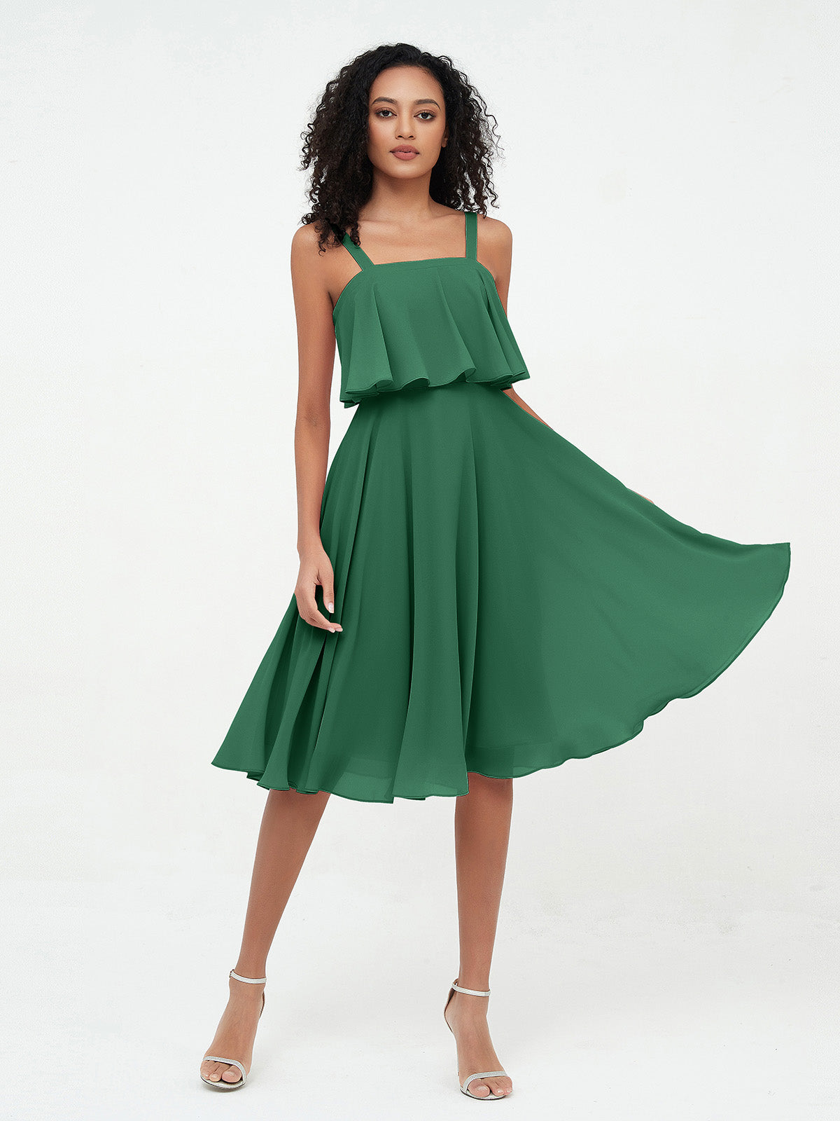 BABARONI Chiffon Dark Green Bridesmaid Dresses A-line Square Sleeveless  Knee-length – BABARONI UK