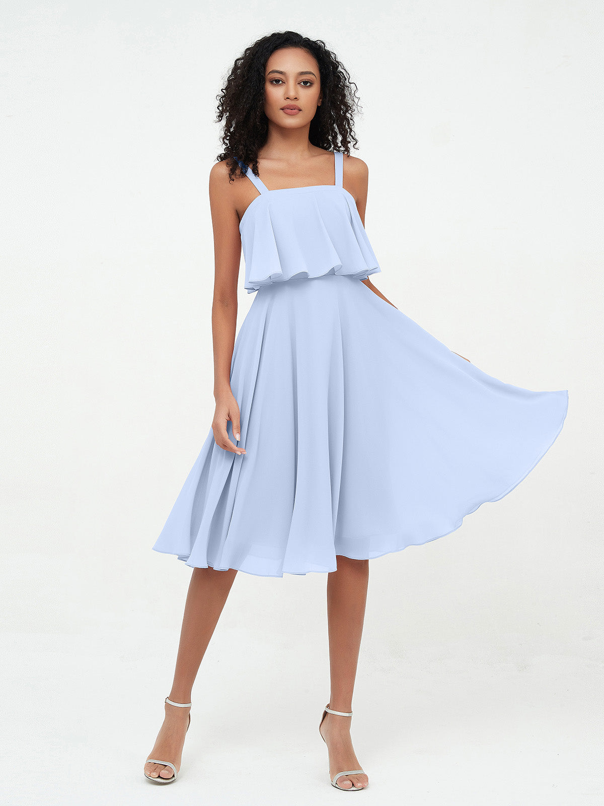 BABARONI Chiffon Sky Blue Bridesmaid Dresses A-line Square Sleeveless  Knee-length – BABARONI UK