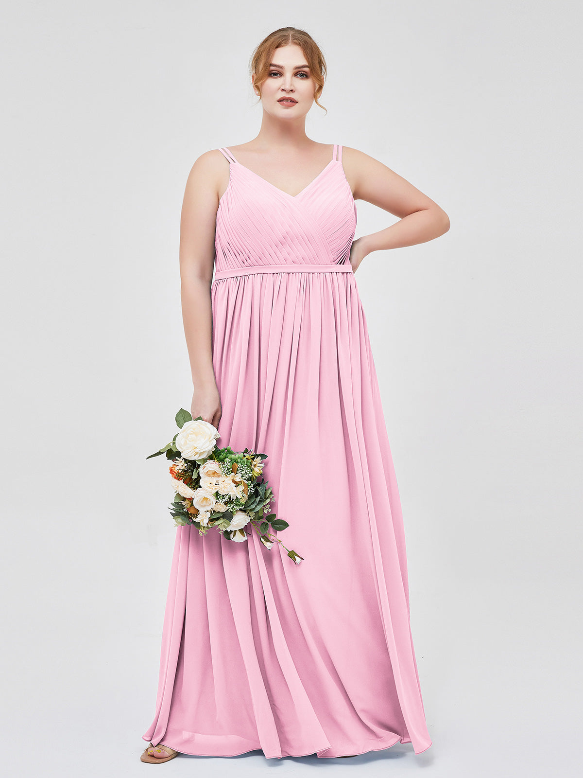 V-neck Chiffon Dresses with Double Straps Candy Pink Plus Size