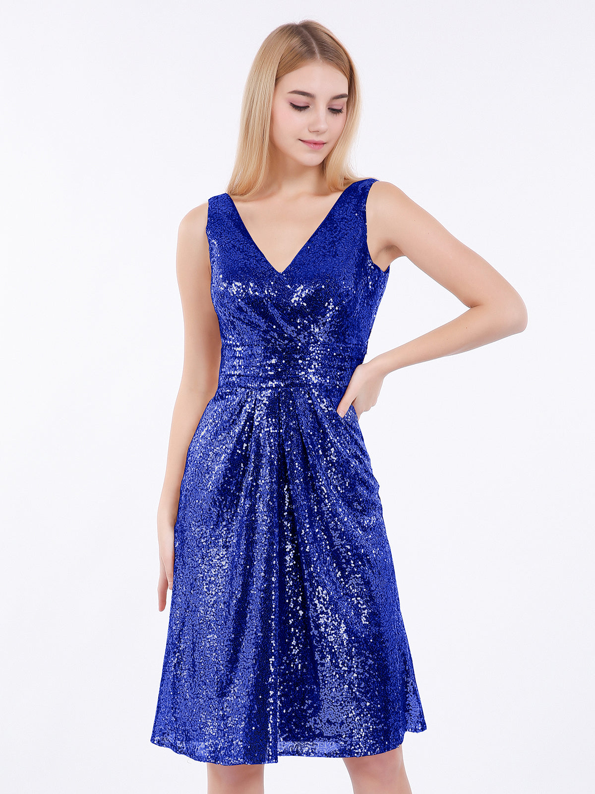 BABARONI Sequin Royal Blue Bridesmaid Dresses Sheath/Column V-neck Sleeveless Knee-length BABARONI UK BABARONI Sequin Royal Blue Bridesmaid Dresses Sheath/Column V-neck Sleeveless Knee-length BABARONI UK