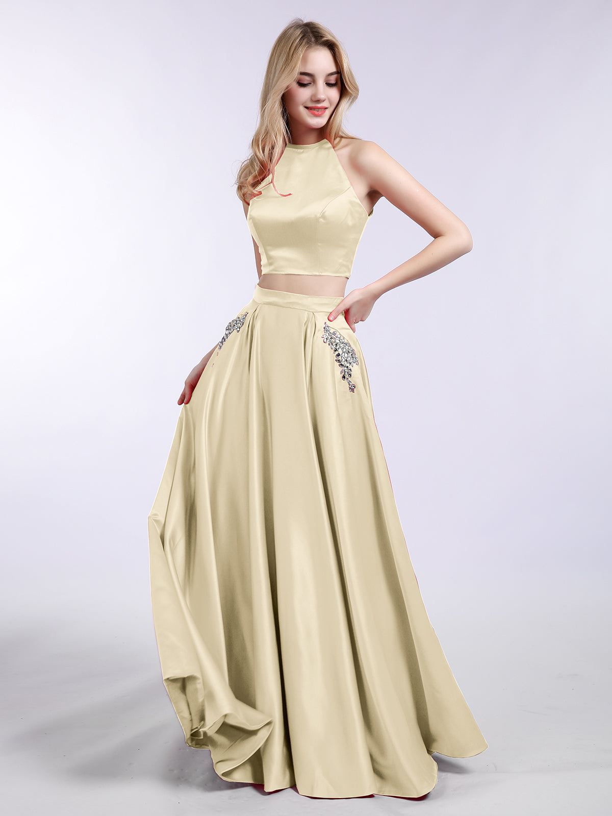 BABARONI Satin Champagne Prom Dresses A-line Halter Floor-length Beaded Sleeveless BABARONI UK BABARONI Satin Champagne Prom Dresses A-line Halter Floor-length Beaded Sleeveless BABARONI UK