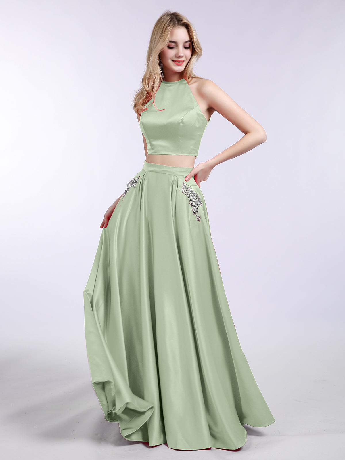 sage green prom dresses uk Strapless Sage Green Satin A-line Long Prom Dress With Slit, Sage Green / 0 main image 1