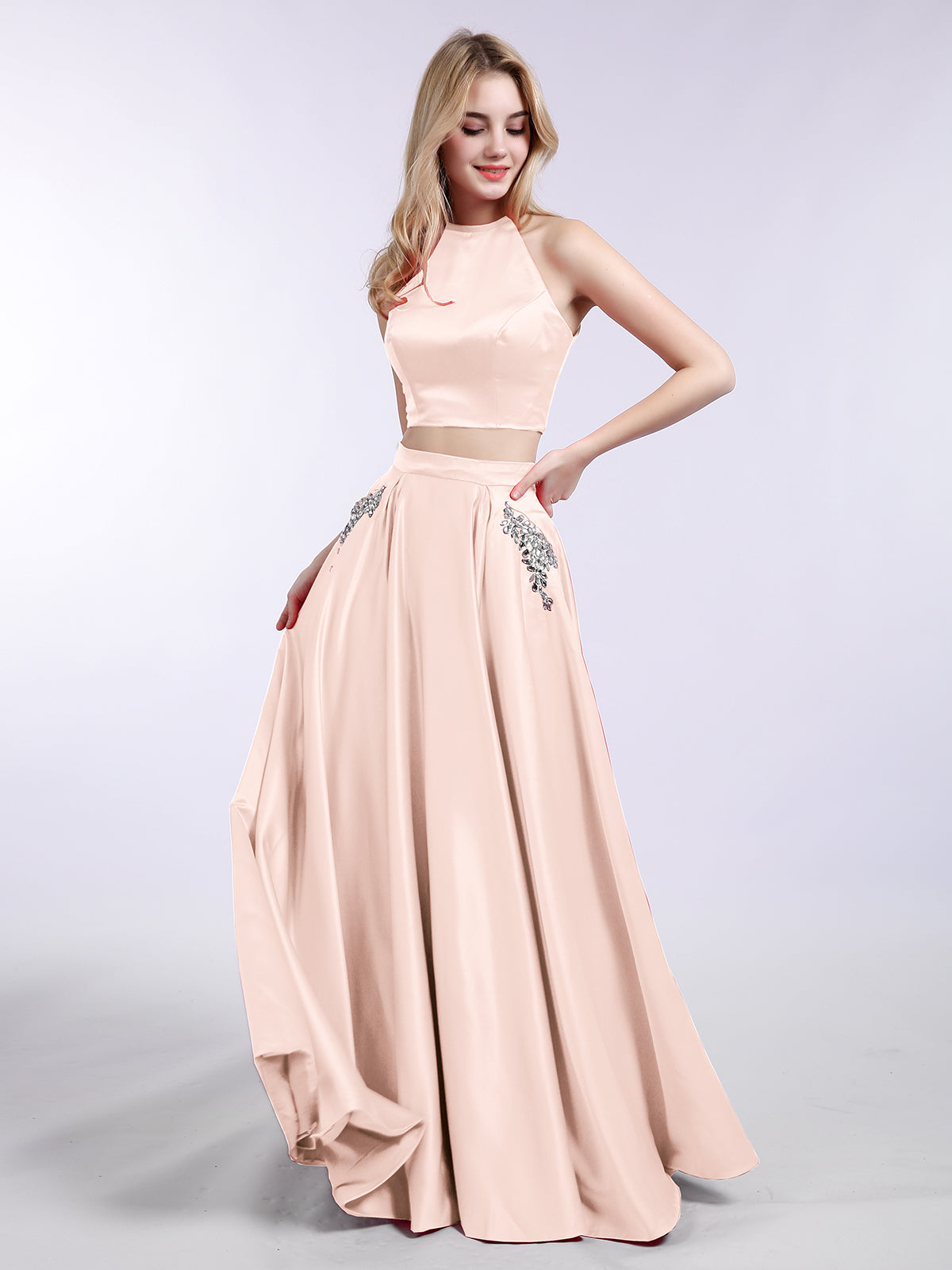 Baby pink 2 hot sale piece prom dress