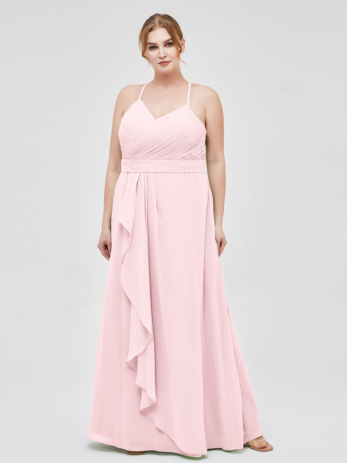 BABARONI Chiffon Blushing Pink Bridesmaid Dresses A-line V-neck Spaghetti  Straps Floor-length – BABARONI UK