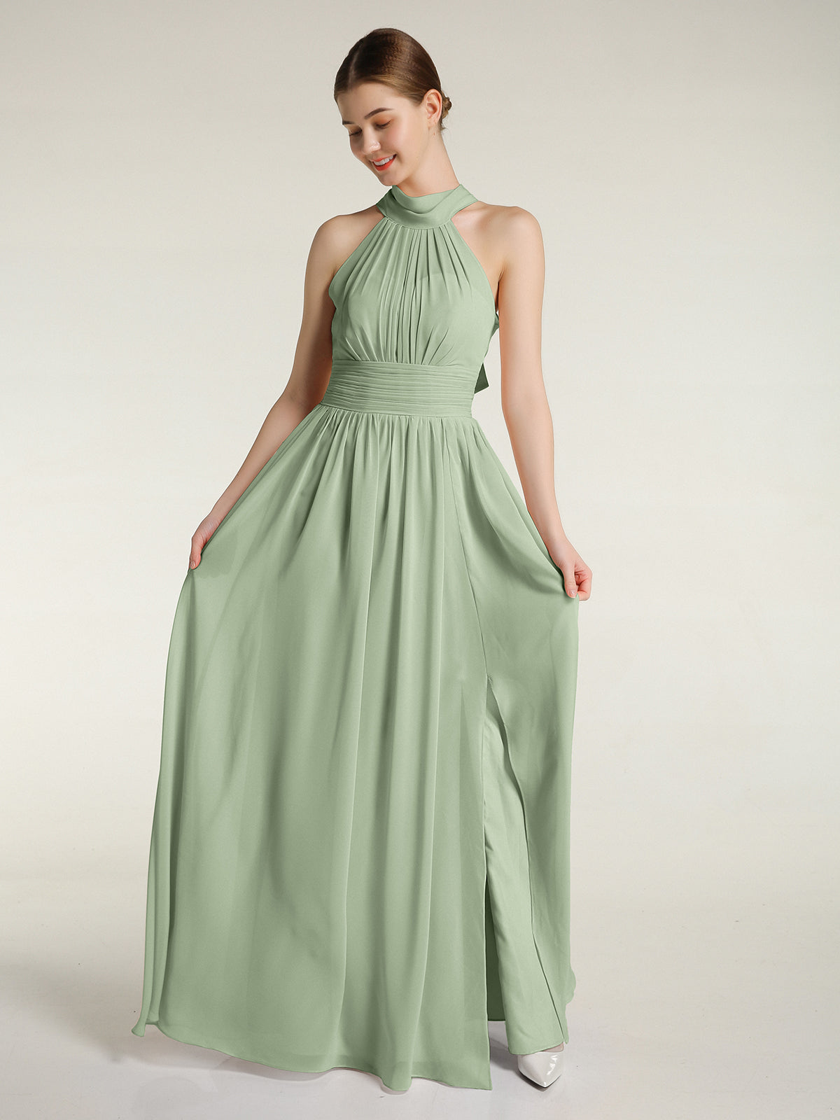 BABARONI Chiffon Dusty Sage Bridesmaid Dresses A-line High Neck Sleeveless Floor-length BABARONI UK BABARONI Chiffon Dusty Sage Bridesmaid Dresses A-line High Neck Sleeveless Floor-length BABARONI UK