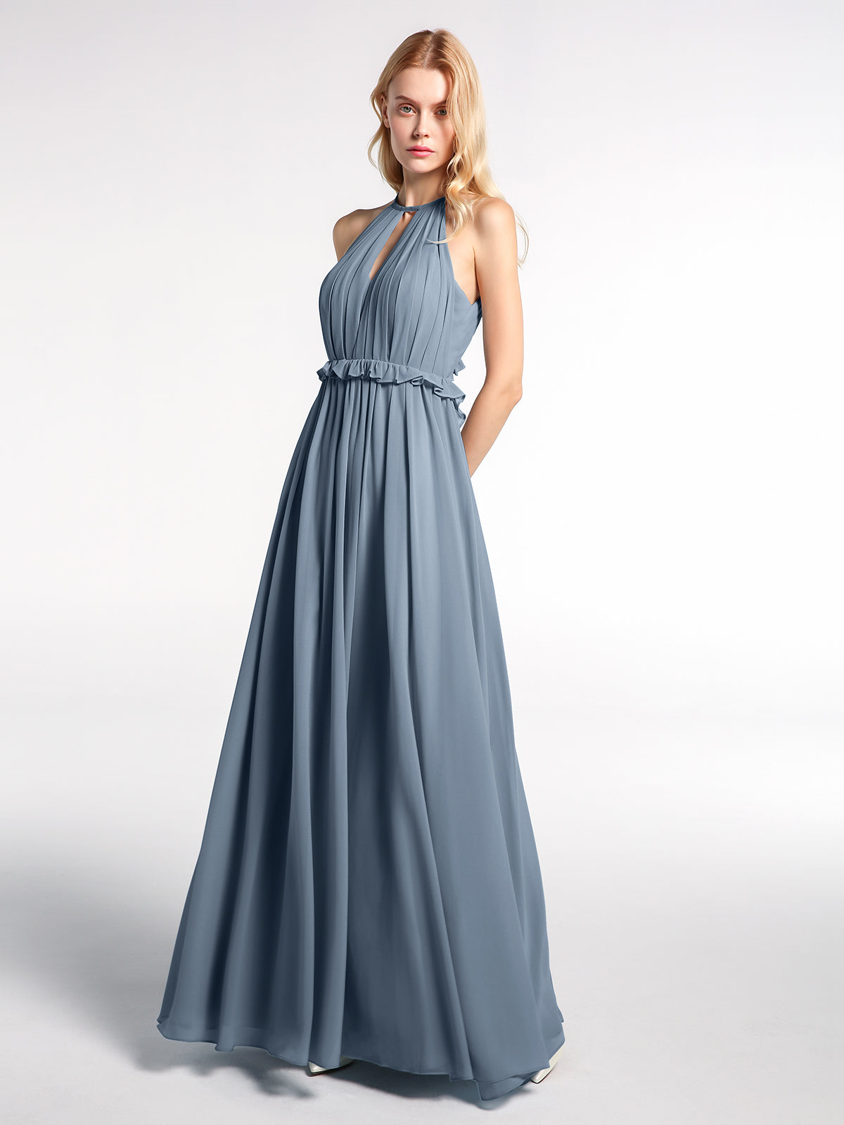 Keyhole Neckline Open Back Chiffon Maxi Dress Slate Blue main image 0