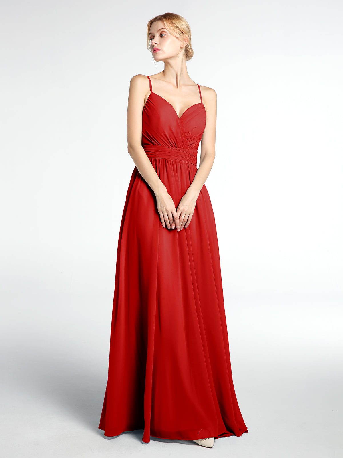 Long red spaghetti strap clearance dress