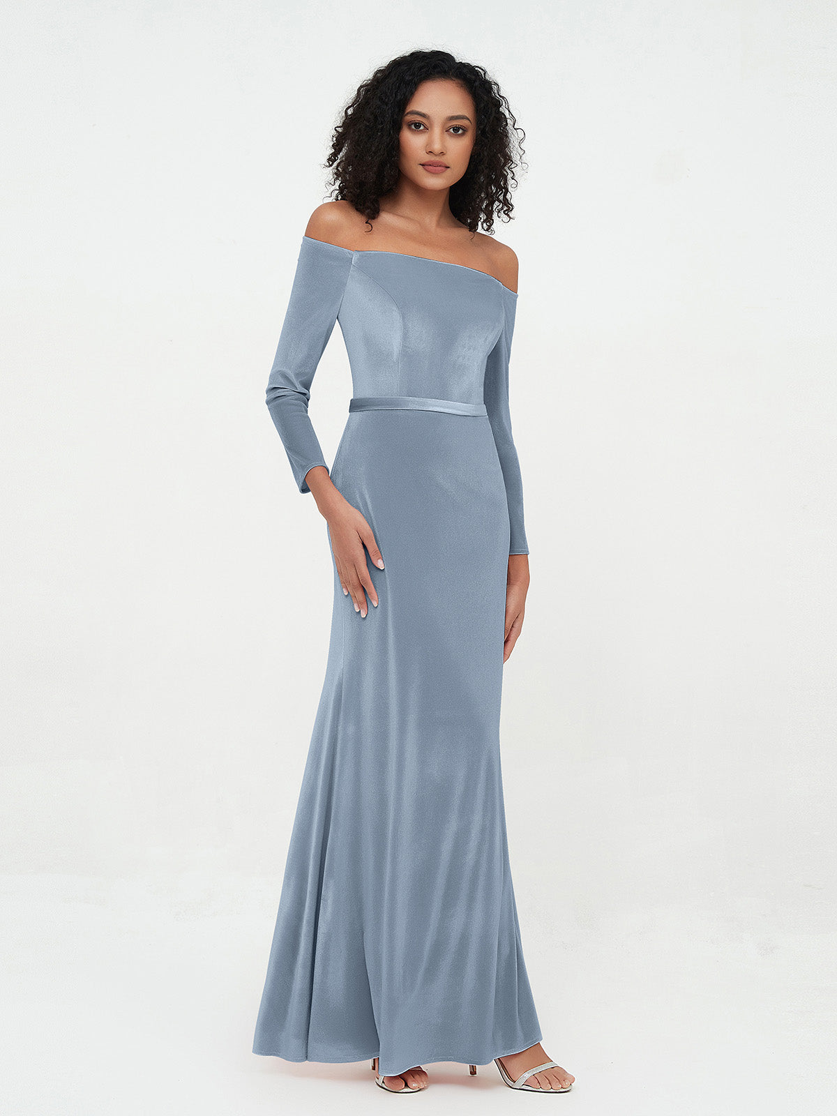 BABARONI Velvet Dusty Blue Bridesmaid Dresses Sheath/Column Off-the-shoulder  Long Sleeve Floor-length  BABARONI UK